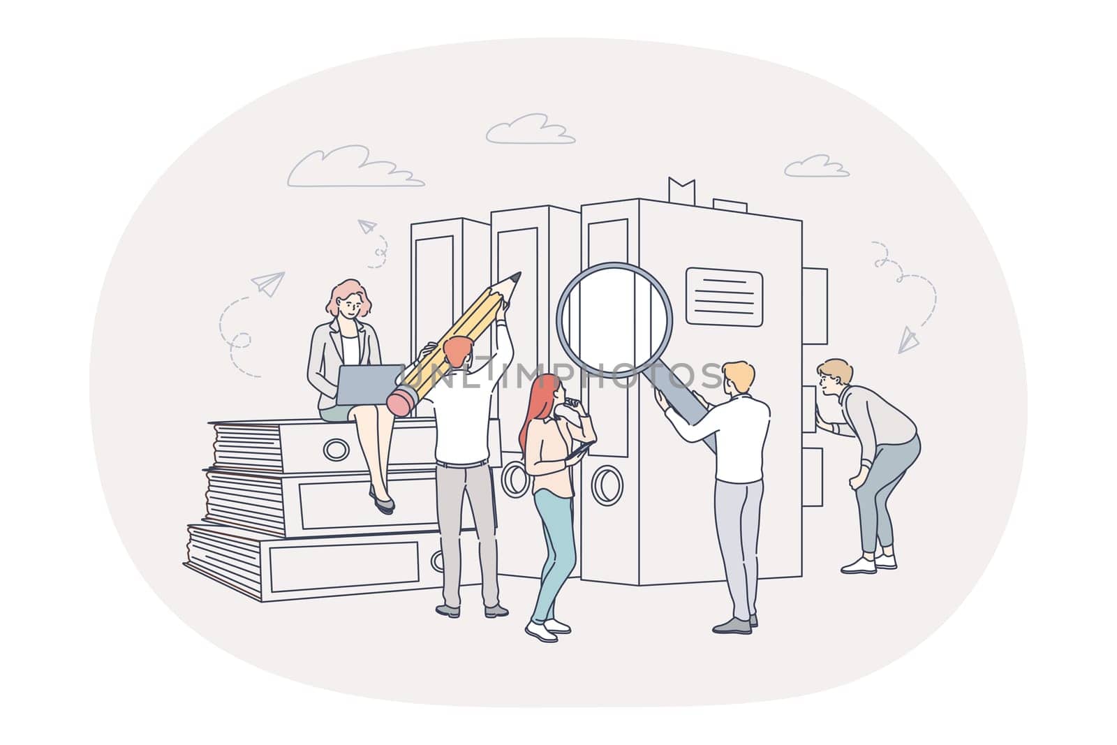 Finance, analytics, teamwork concept. People business partners workers cartoon characters analysing financial data and marketing information statistics together in office in team illustration
