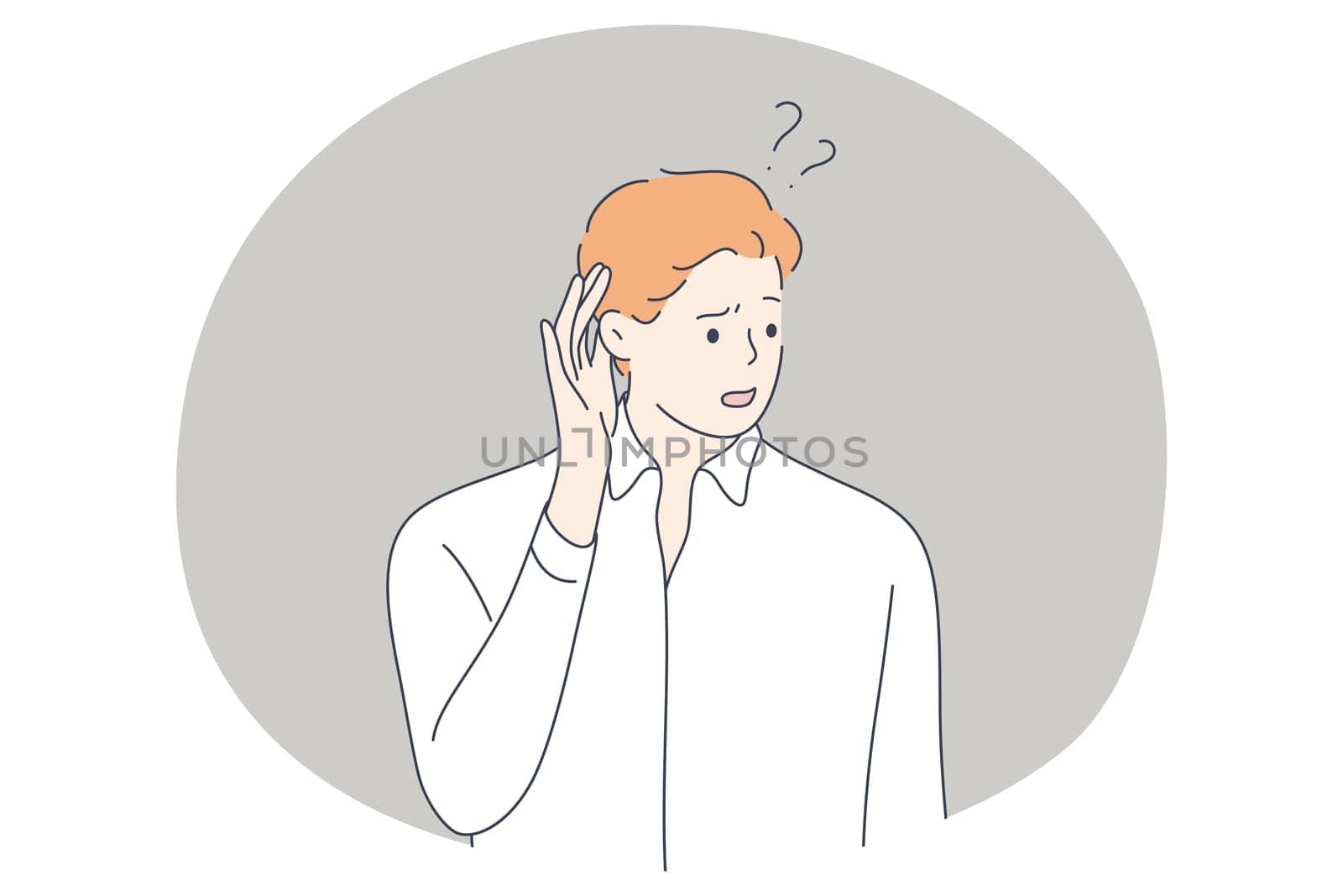 Frustration, doubt, having no idea concept. Young businessman office workers cartoon characters standing and expressing frustration with difficult situation on work trying to find solution