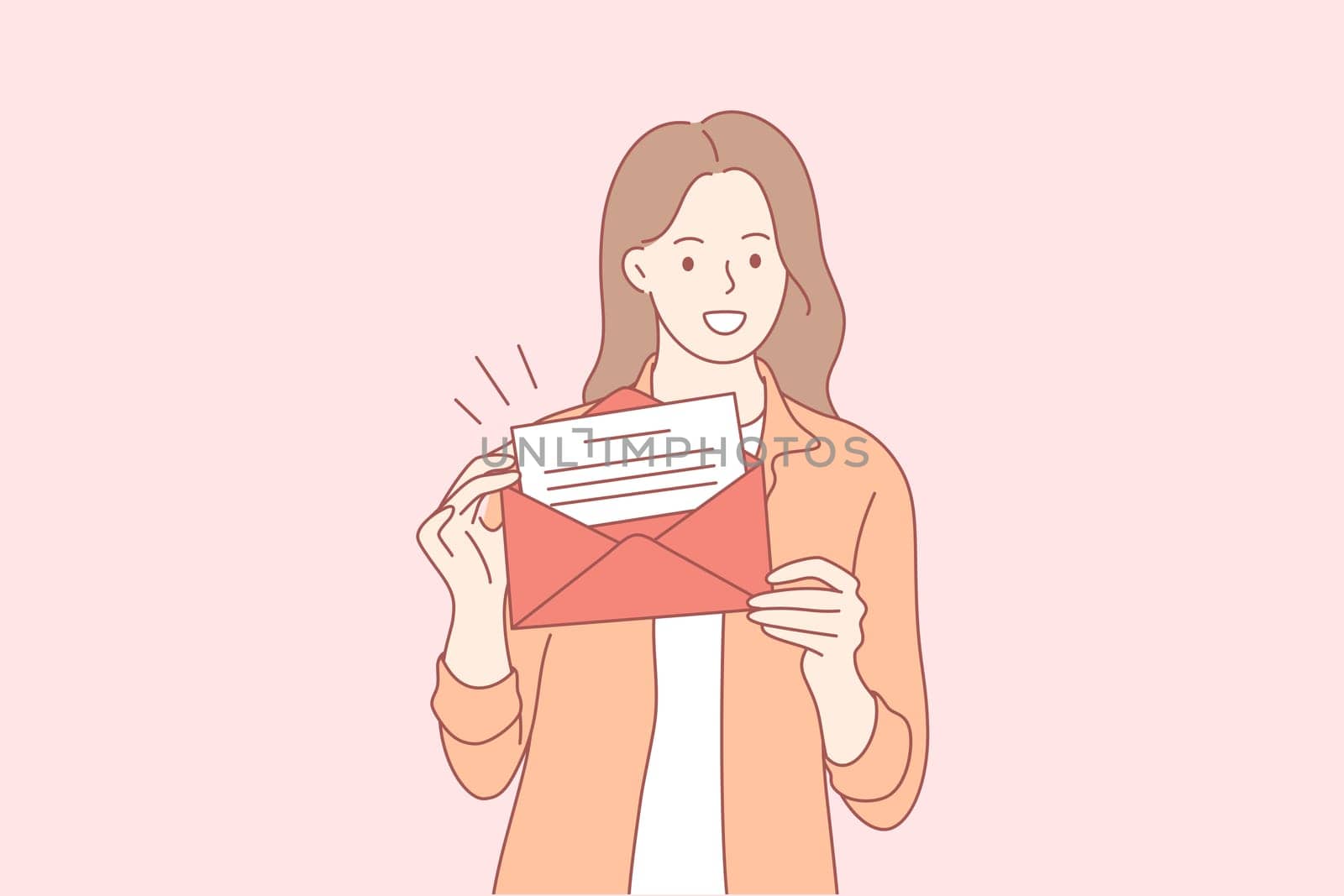 Post, gift, advertising, promotion concept. Young happy woman girl cartoon character holds red envelope with letter. Giving voucher card and promotion strategy or discount coupon gifting certificate.