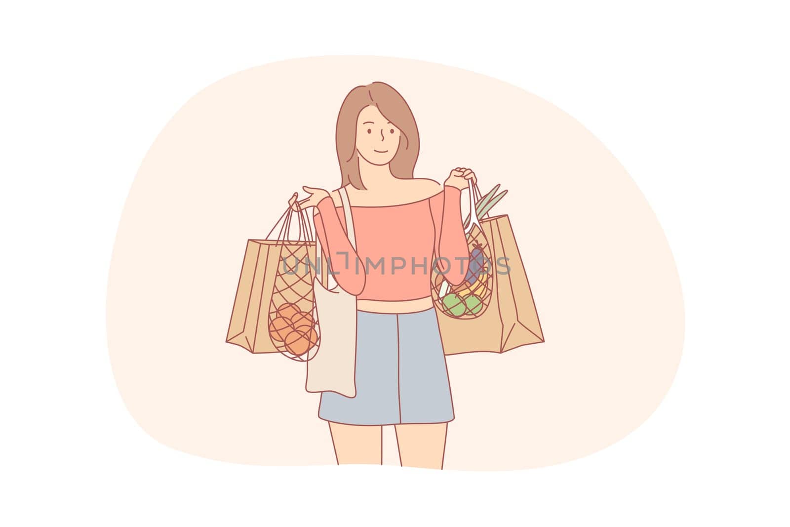 Recycling, shopping, ecology, food, zer waste concept. Young woman or girl cartoon character standing ecological bags with foodstuff. Care about environment eco friendly sorting garbage and recycling.