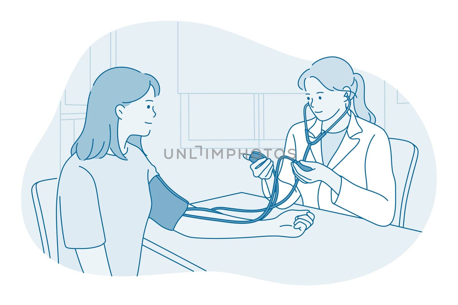 Cardiologist and measuring blood pressure concept. Young woman doctor therapist cardiologist measuring pulse and blood pressure of young woman patient in medical clinic office vector illustration