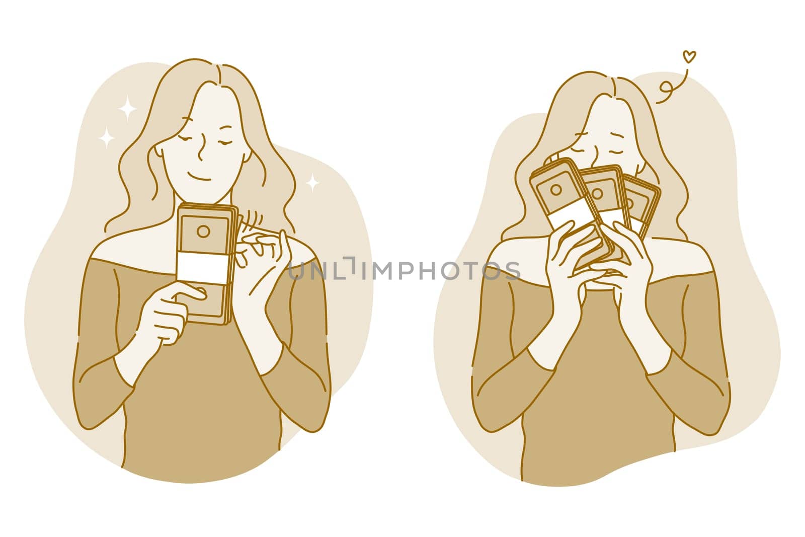 Money, wealth, jackpot concept. Young happy woman cartoon character holding stacks of cash currency in hands and smelling fresh bills fragrance, celebrating luck of earning great profit illustration