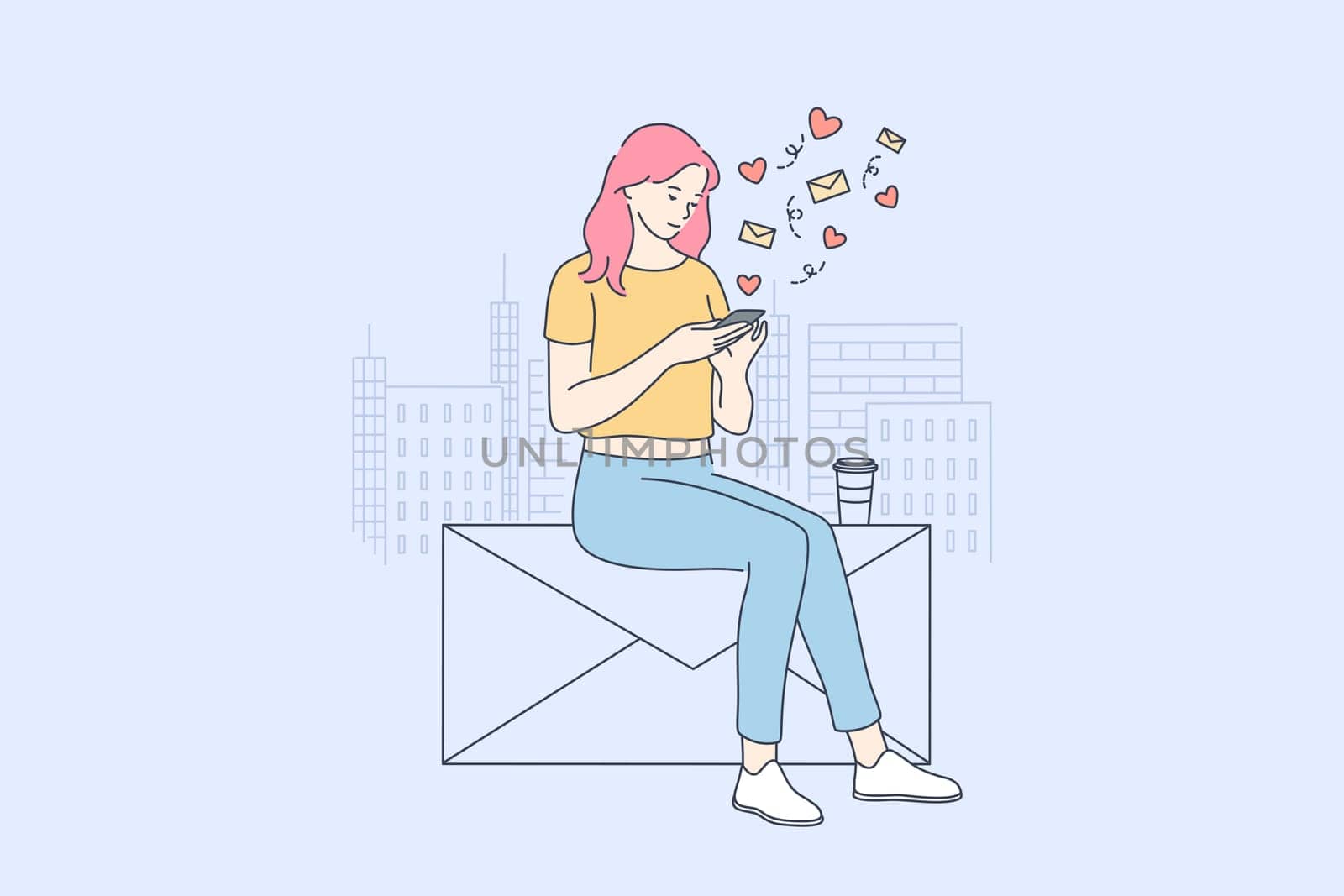 Communication, network, technology concept. Young woman girl teenager blogger character using smartphone with social media app for sending messages putting likes online. Addiction to remote chatting.
