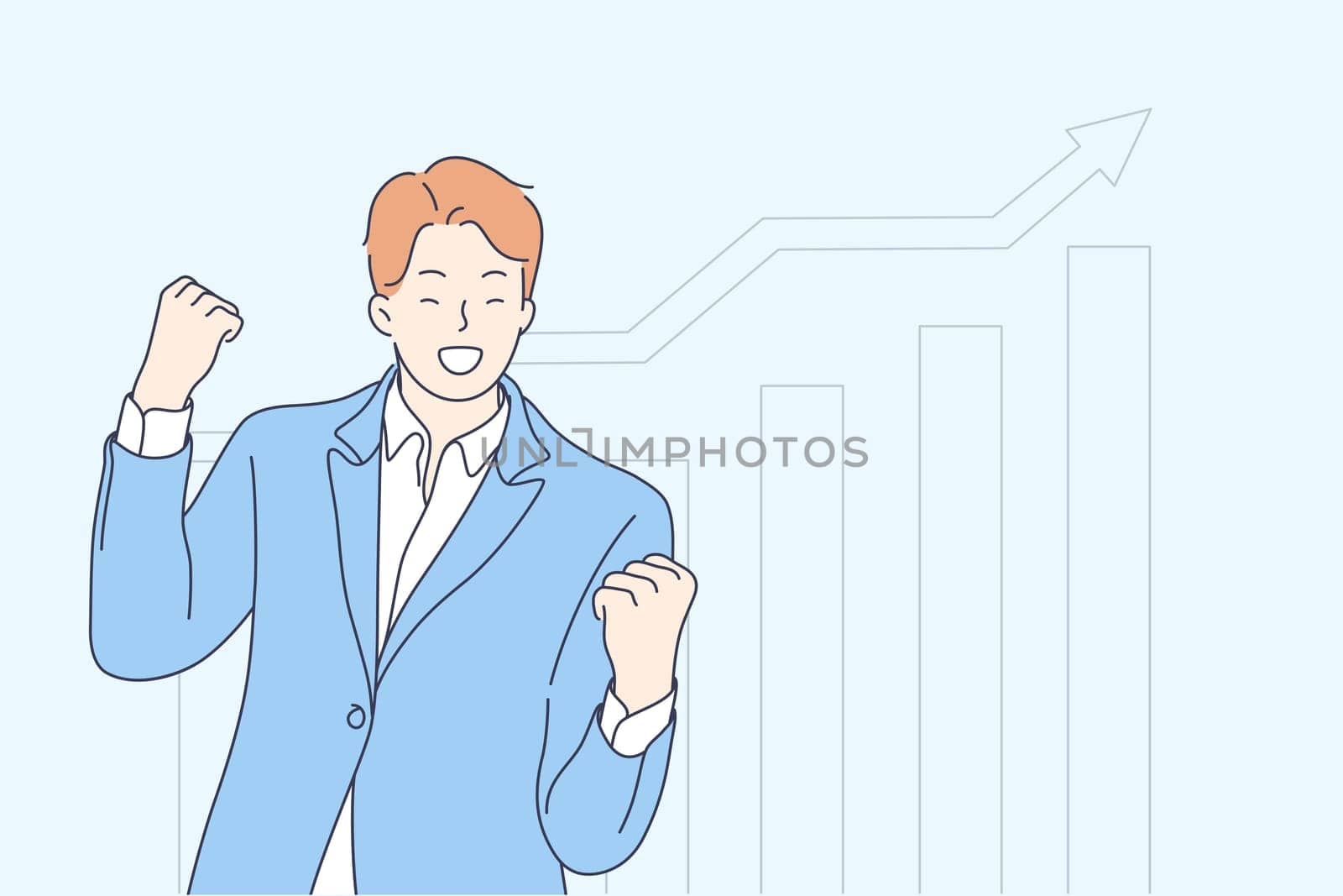 Statistics,business, success, goal achievement, celebration concept. Young businessman boy clerk manager broker cartoon character celebrates stock profit growth. Reaching purposes winning illustration