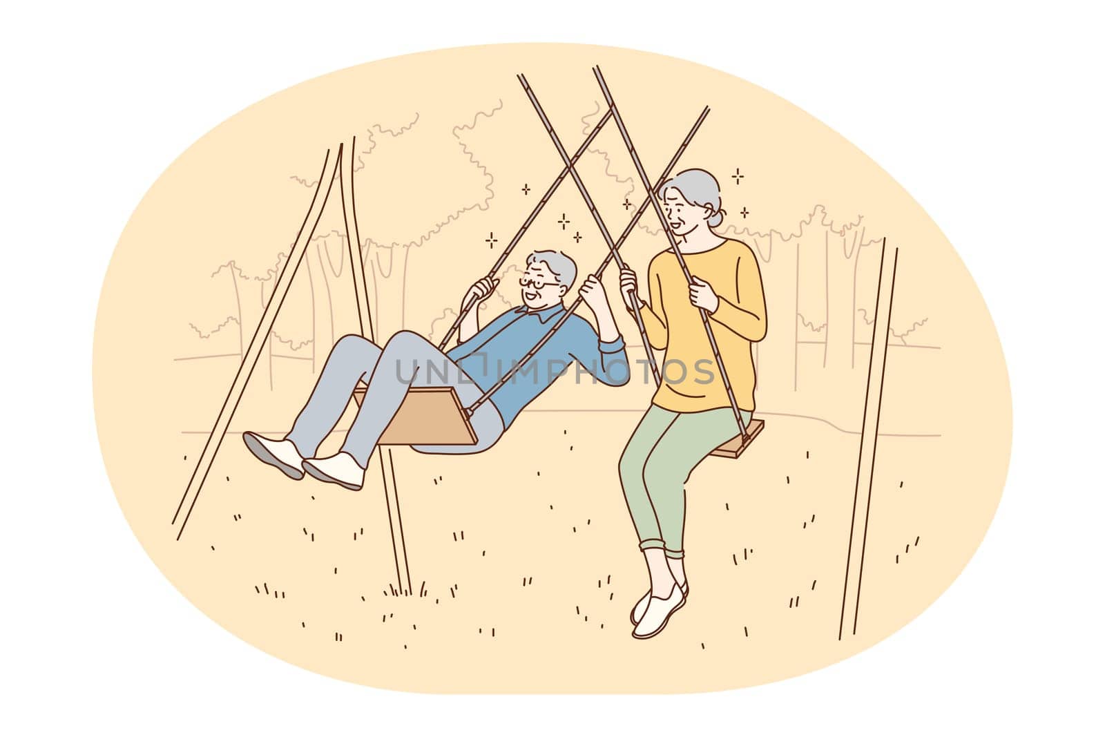 Senior elderly couple living happy active lifestyle concept. Happy mature loving couple pensioners woman and man riding on swing and having fun like children outdoors. Retiree, pensioner happiness