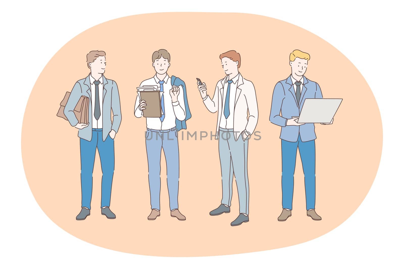 Working in office, modern company worker, online communication concept. Young happy business man cartoon character standing and holding tablet, smartphone, laptop and case in hands