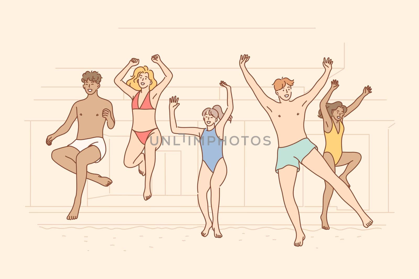 Summer, party, fun, holiday concept. Young happy people men women boys girls friends teenagers having fun at pool jumping in water together. Active lifestyle weekend vacation recreation illustration.