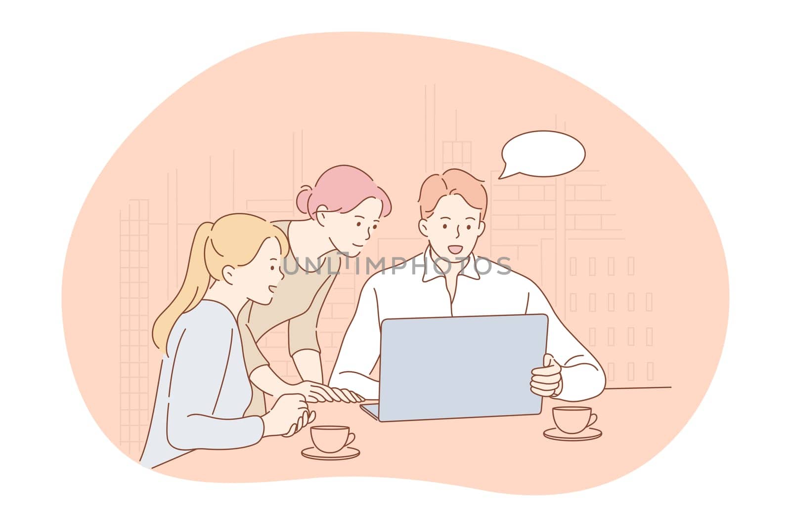 Teamwork, brainstorming, business communication about startup concept. Group of young positive business people coworkers cartoon characters making presentation on laptop and discussing project
