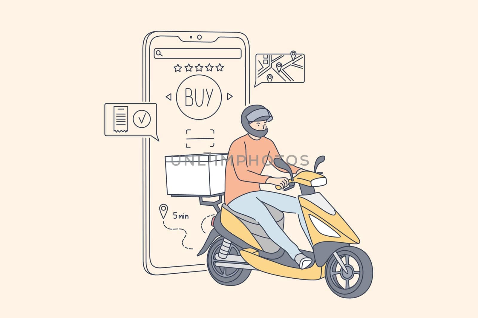 Shopping, fast delivery, digital marketing, quarantine coronavirus concept. Man boy supplier cartoon character goes to order in scooter. Application purchases using smartphone on lockdown illustration