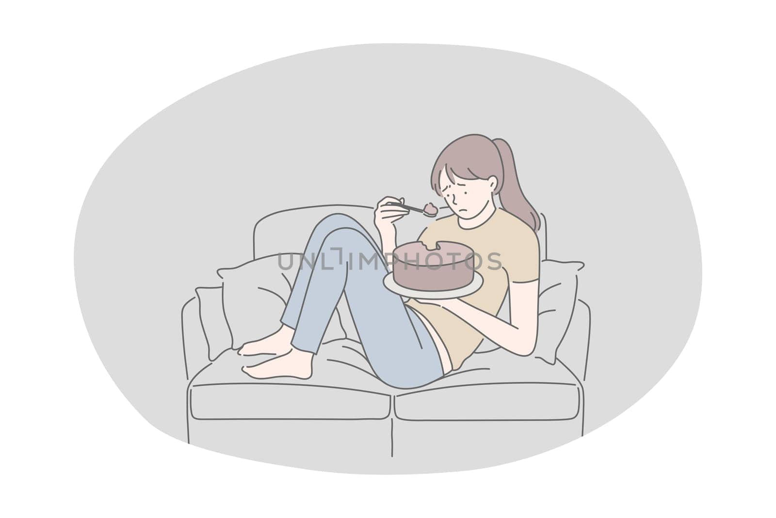 Unhealthy eating, fast and junk food, calories concept. Young stressed unhappy girl cartoon character sitting on sofa eating fast food sugar fat cake at home. Overweight, snack, harmful eating