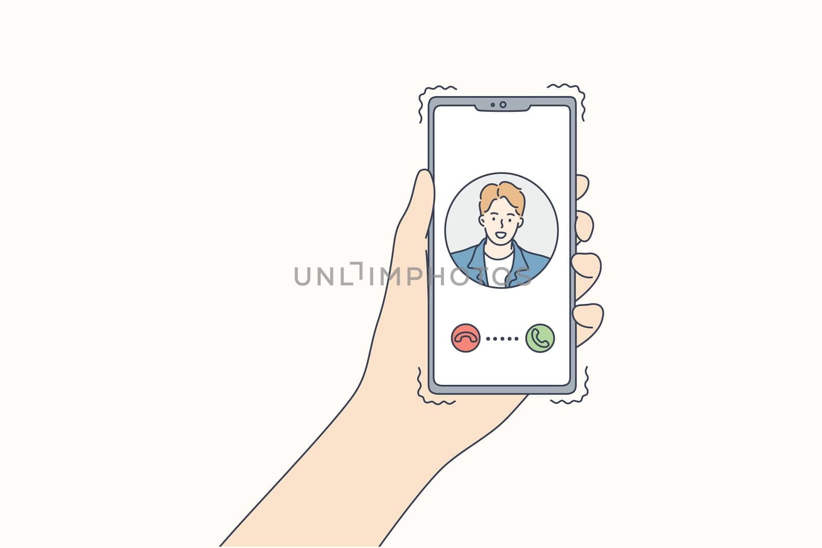 Technology, communication, calling, online concept. Human hands hold smartphone with incoming video call of young man boy. Remote chatting in social media network application on coronavirus lockdown.