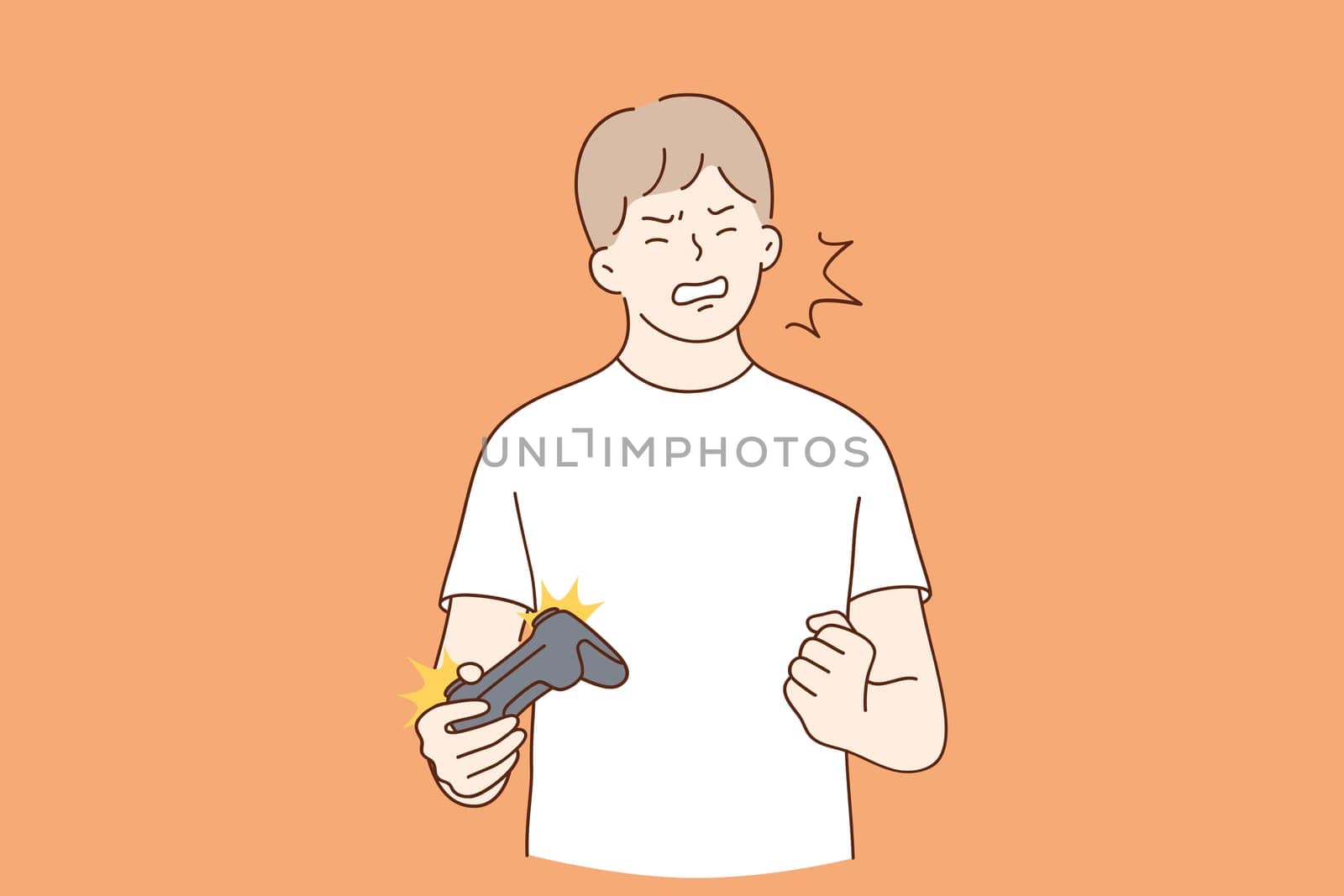 Crazy emotions, excitement, gaming concept. Crazy small boy cartoon character shouting screaming using video game controller and pulling fist as symbol of failure and loss in game