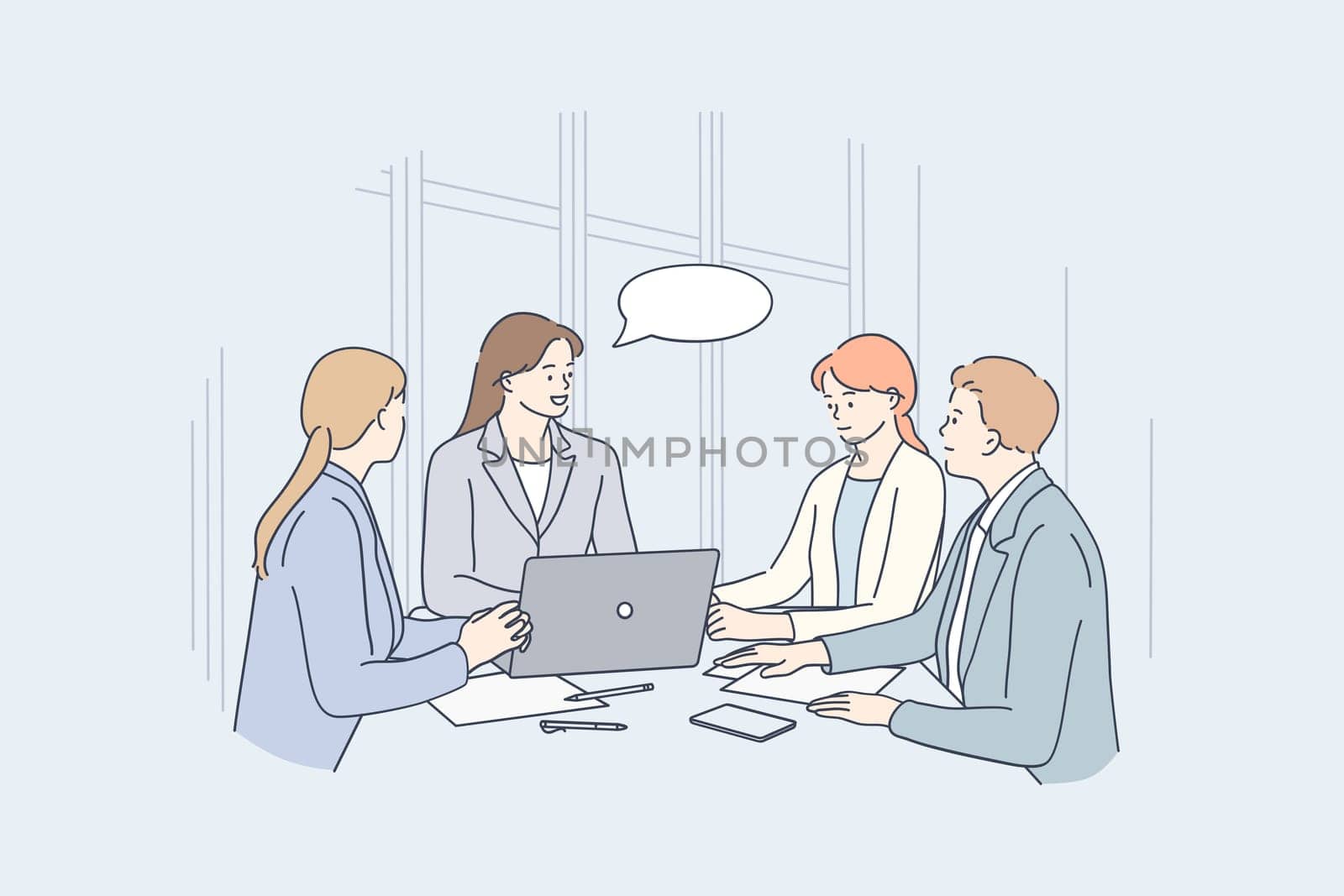 Teamwork, brainstorm, business communication concept. Group of positive young business people office workers partners sitting in office with laptop and discussing projects and collaborating