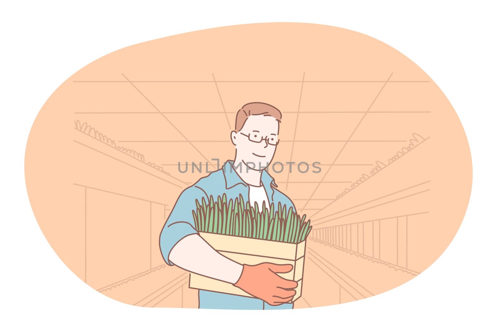 Growing plants and harvesting, farming, job concept. Young smiling man professional farmer in gloves standing and holding wooden box with plants for sale. Job specialist, working sphere illustration
