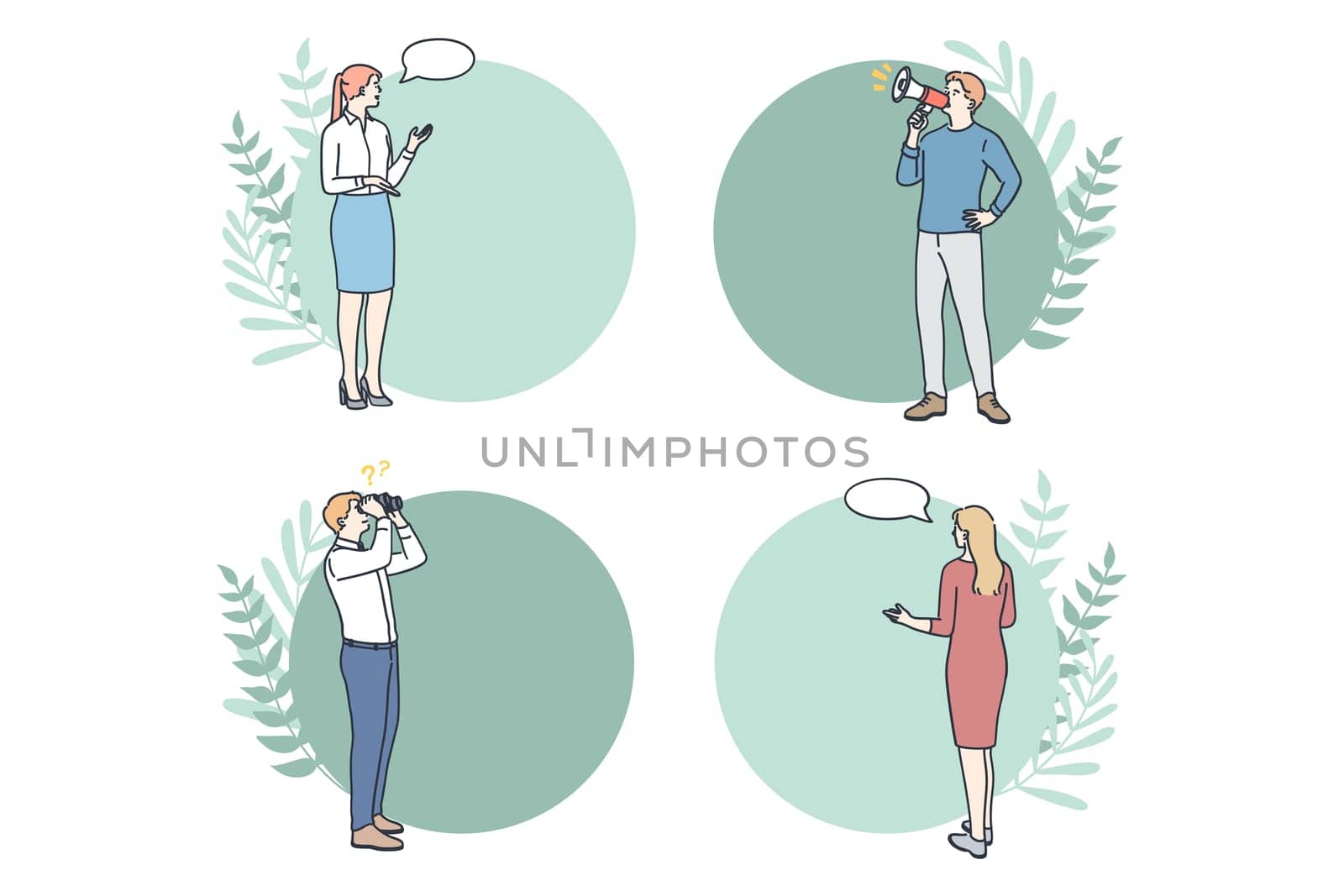 Diagrams, layouts, business mockups concept. Business people workers standing near frames circles infographic workflow layout can be used as steps of working process or strategy