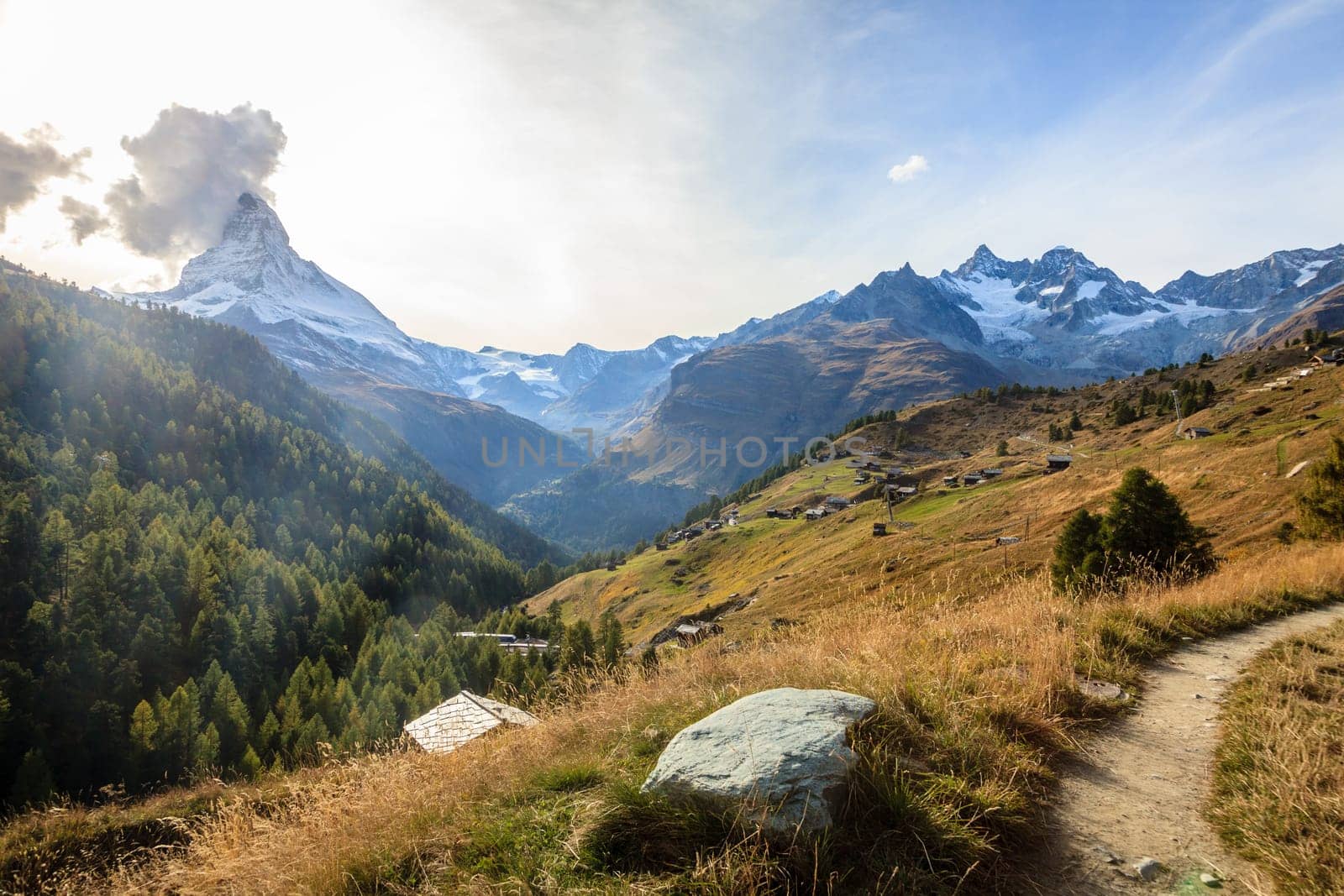 Scenic view of Matterhorn and surrounding mountains near Swiss resort town of Zermatt