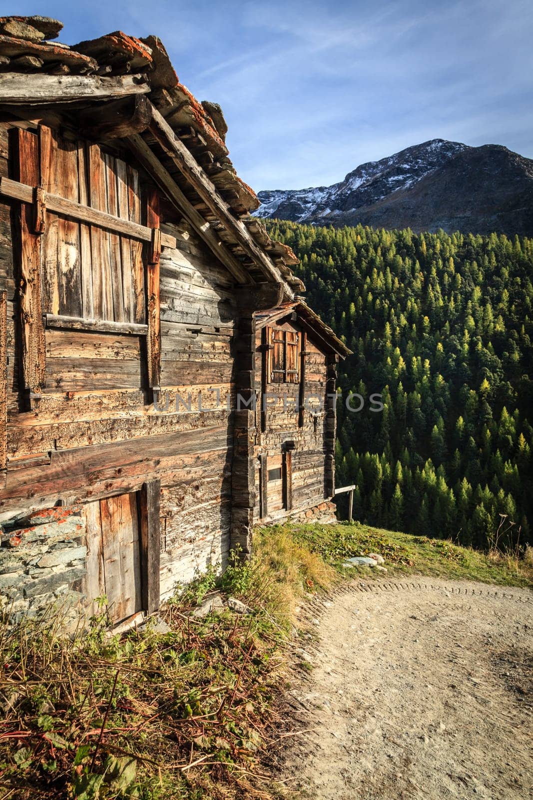 Traditional old barns in a village in the Swiss Alps