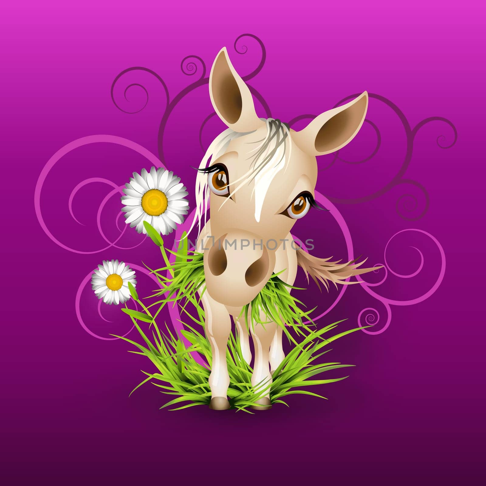Little mare in green grass over purple