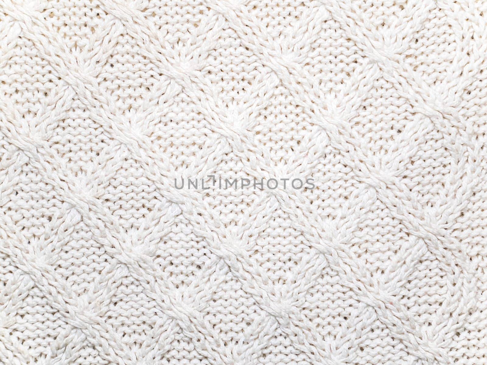 Texture of white woolen knitted fabric. Place for text. Background image.