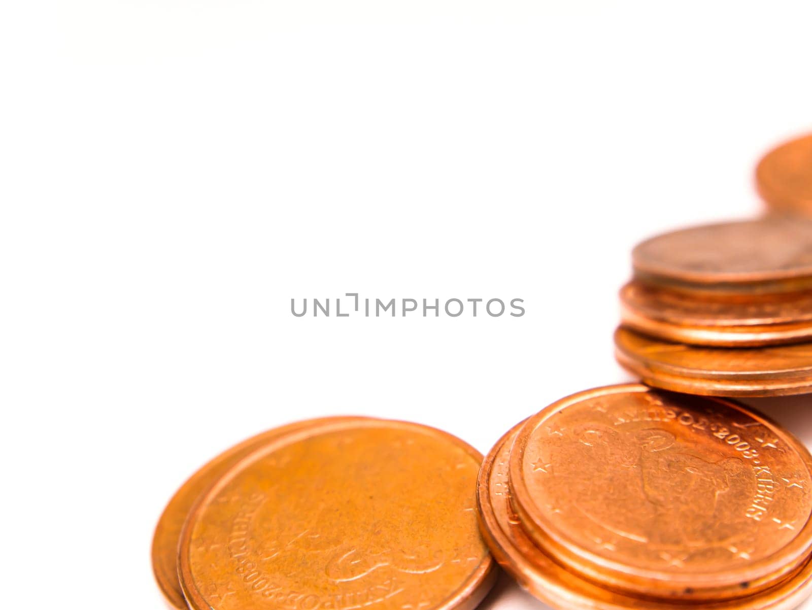 Money small coins on a white background with place for text. Euro. Cent. Business. Free place. Background image.