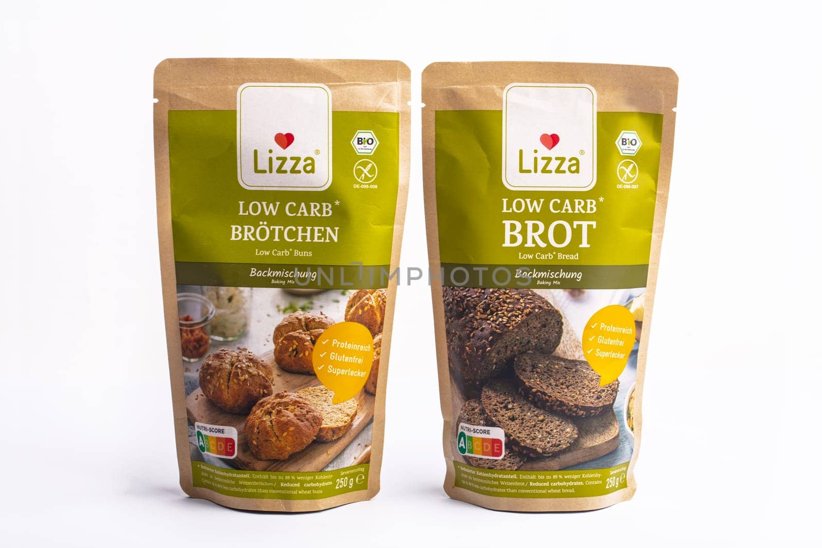 HUETTENBERG, GERMANY - 2021-07-24, View on isolated lizza low carb bread baking isolated on white background.