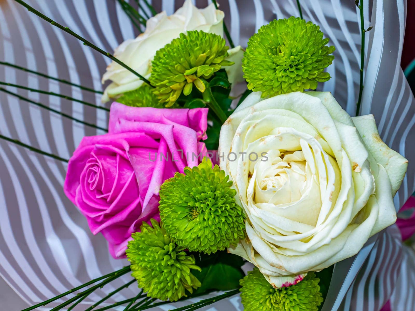 Festive bouquet of pink and white roses flowers. Birthday. Mothers Day. International Women's Day. Valentine's Day. Wedding. Holiday. Place for text. Background image.
