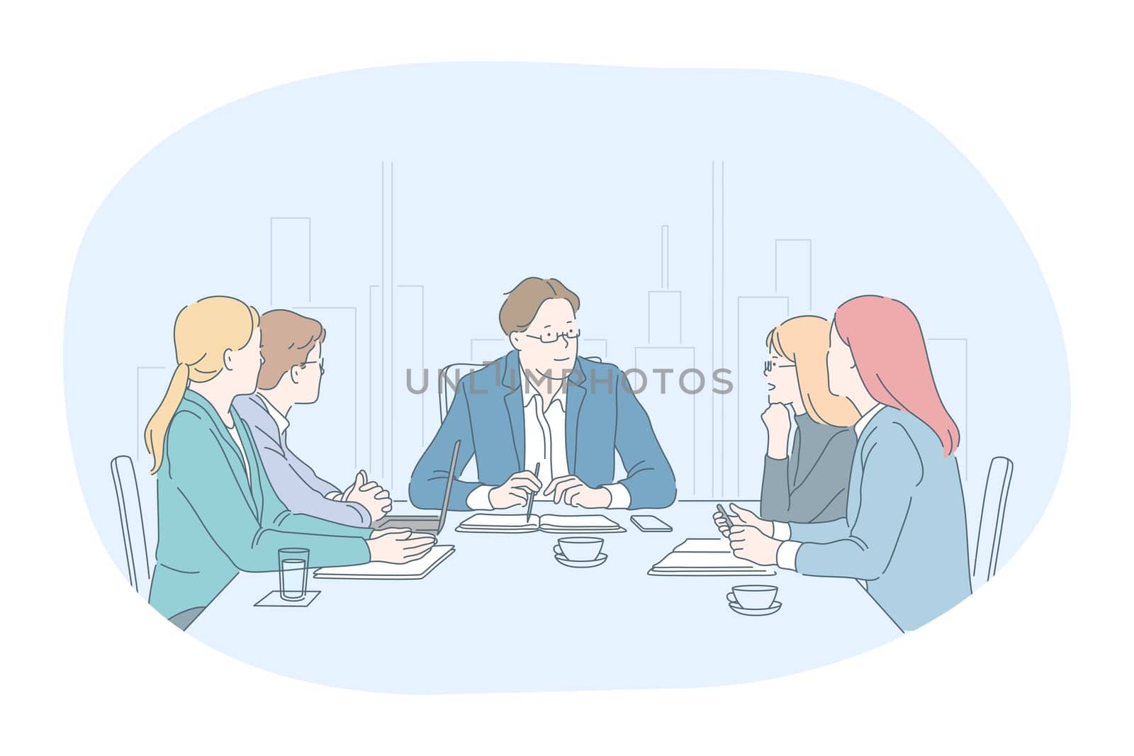 Teamwork, negotiations, brainstorming in office concept. Group of Business partners office workers sitting and discussing projects, collaborating making presentations together. Couching, communication