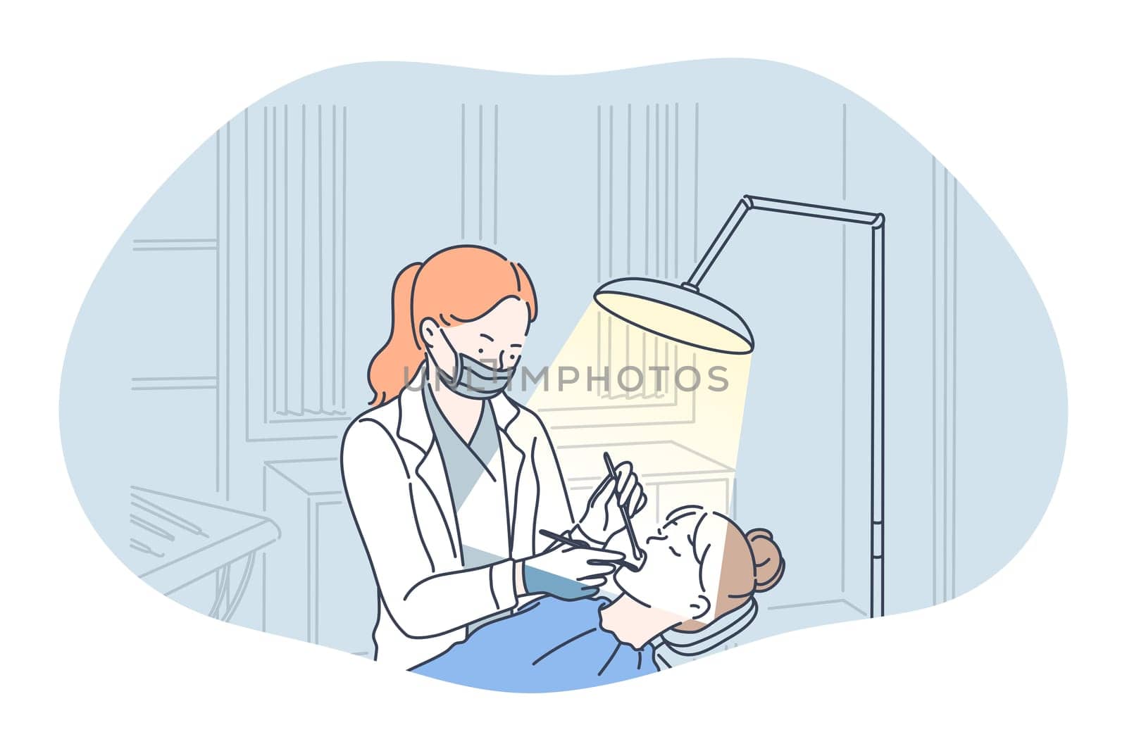 X-ray in medicine and dentistry concept. Woman doctor dentist in medical uniform standing and making x-ray shot of woman patients teeth during visit in clinic vector illustration