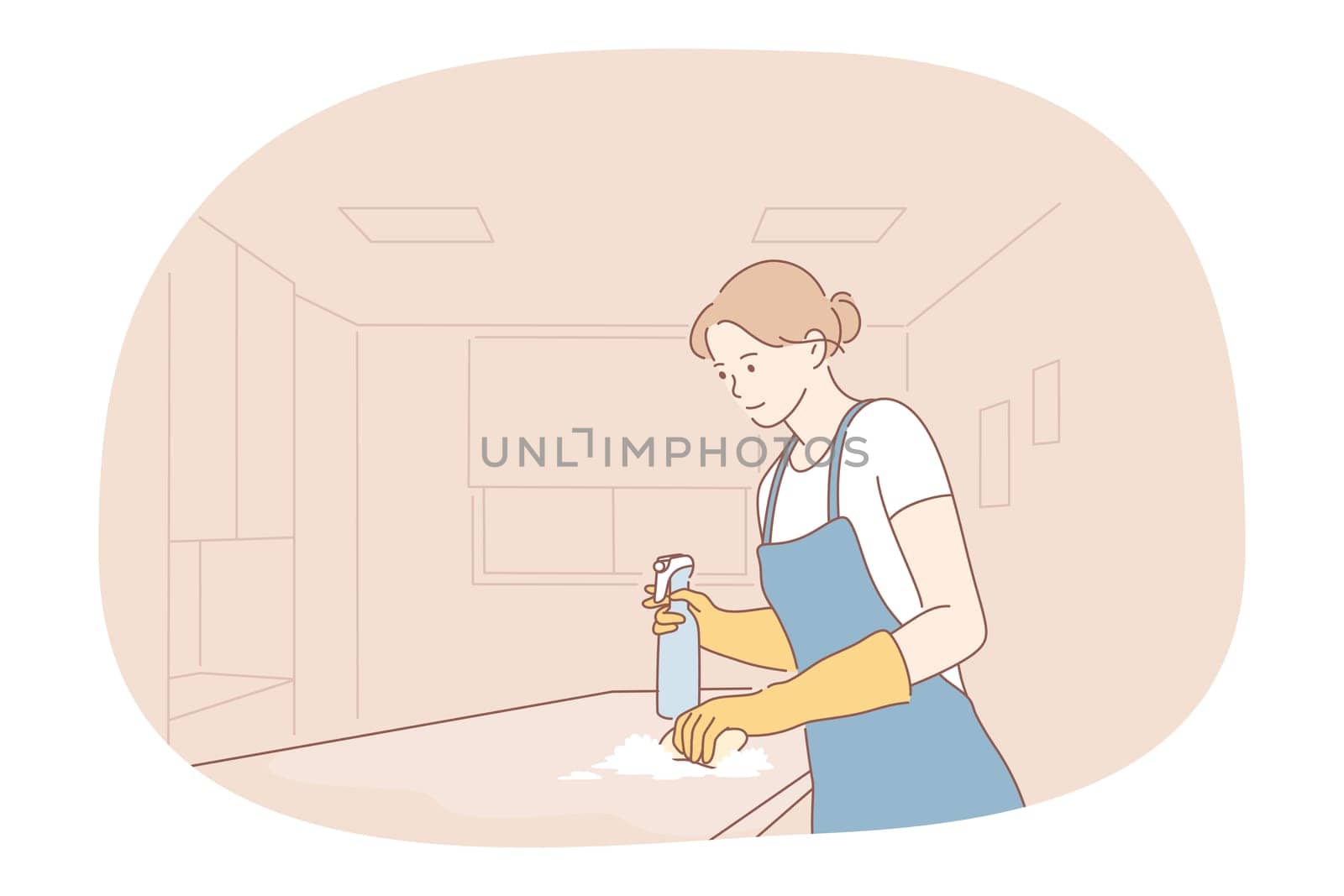 Housewife, cleaning, job career concept. Young woman professional cleaner in apron washing surfaces with special brush and making housework in apartment. Job, specialist, working sphere illustration