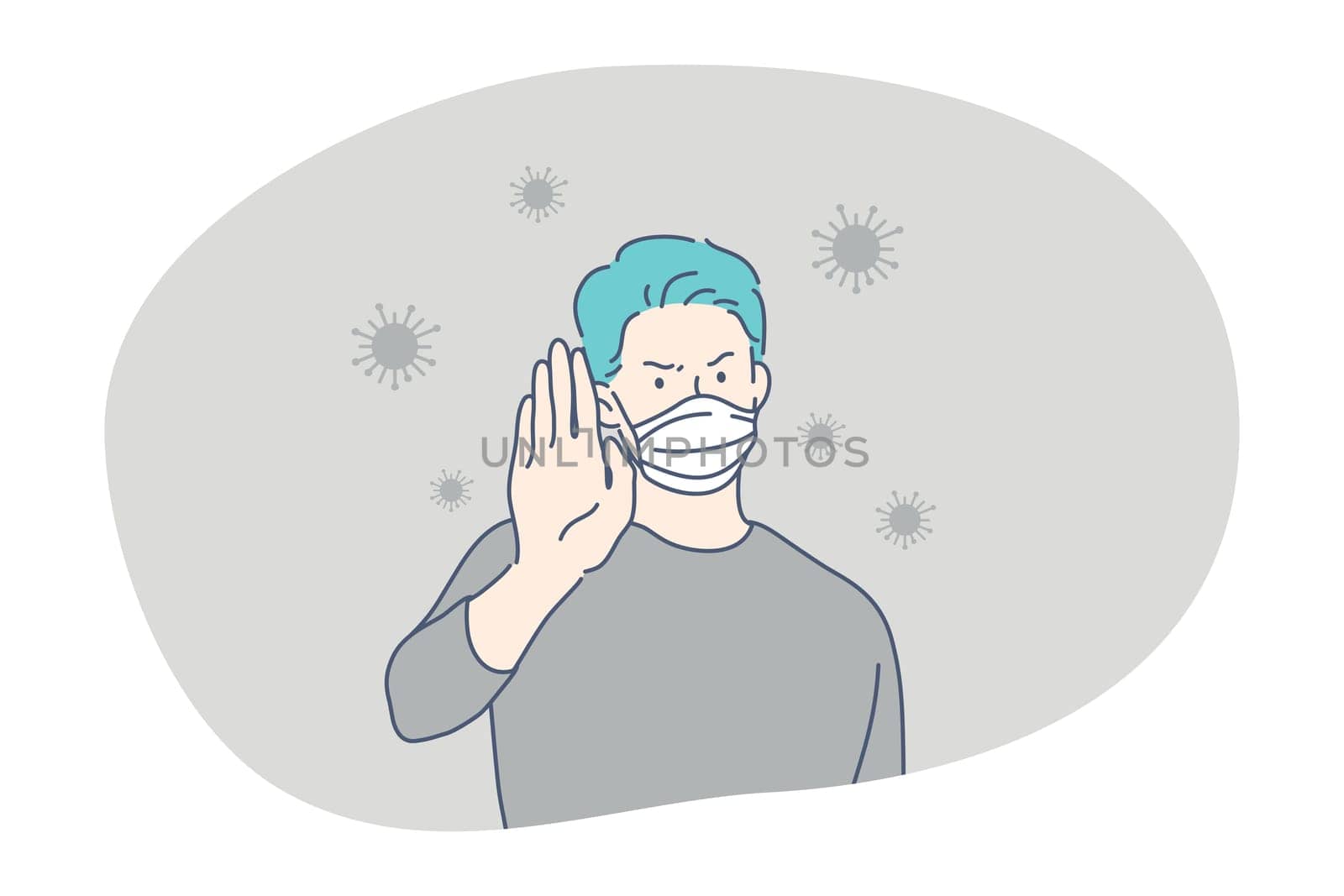Danger or coronavirus infection epidemic, protective facial mask, pandemic concept. Young man in medical protective mask standing and showing stop protection sign with hand in corona bacteria flow