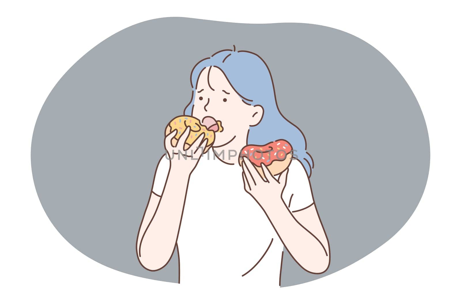 Unhealthy eating, fast and junk food, calories concept. Young stressed girl cartoon character eating fast food sugar fat donuts at home or in cafe. Overweight, snack, lifestyle, harmful eating