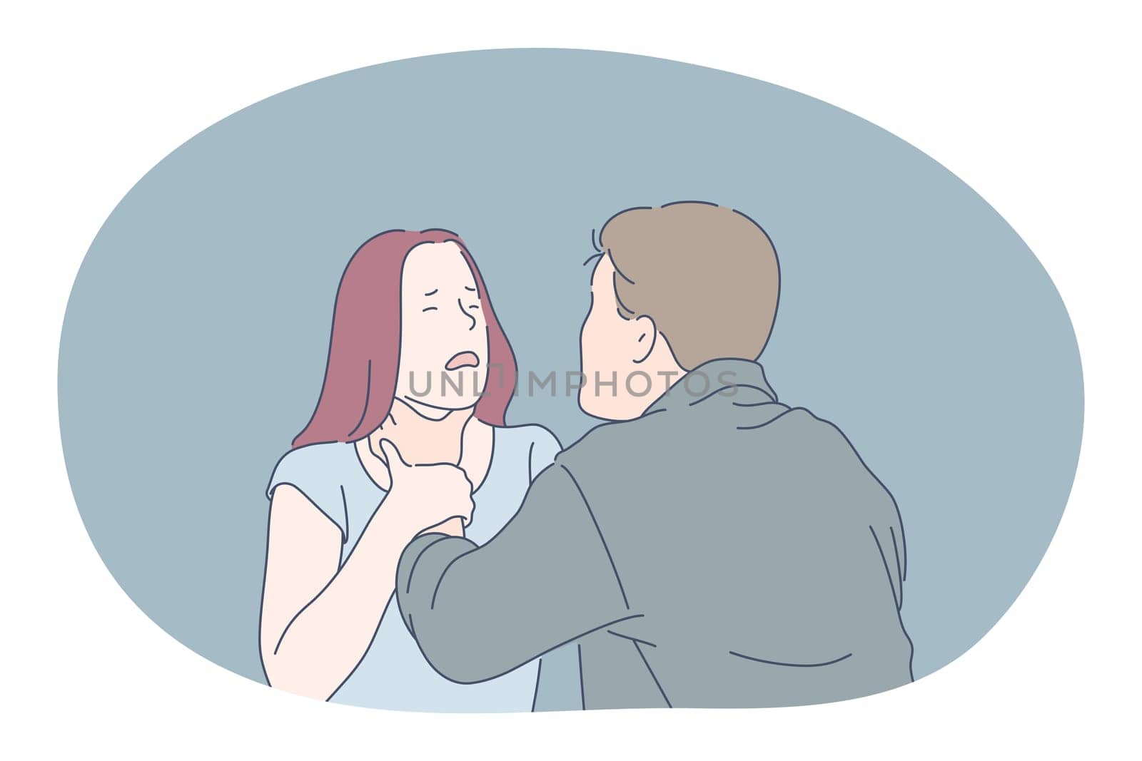 Fighting, Misunderstanding, problems in communication concept. Young angry aggressive man arguing fighting and having problems with mutual understanding with woman trying to choke her illustration