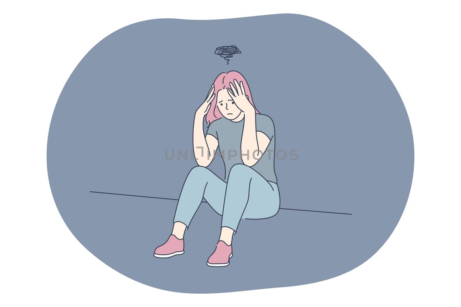 Sadness, mental depression, bad news concept. Young unhappy woman sitting touching head with hands feeling depressed with thoughts after negative events, crying, suffering from loneliness