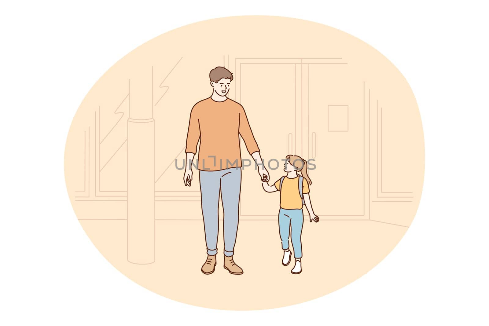 Father and daughter, Fathers day, activities with children concept. Young positive man father holding his small daughter hand and going together outdoors vector illustration