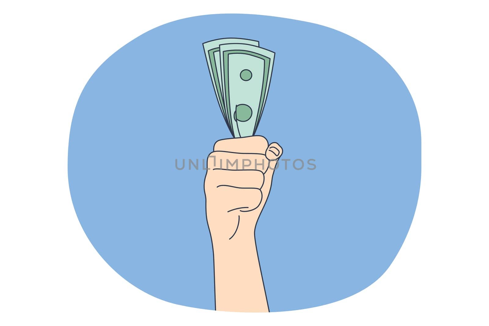 Money savings, profit, earning concept. Hands of person holding heap of currency cash money in fist. Finance, payment, credit, financial stability investing vector illustration