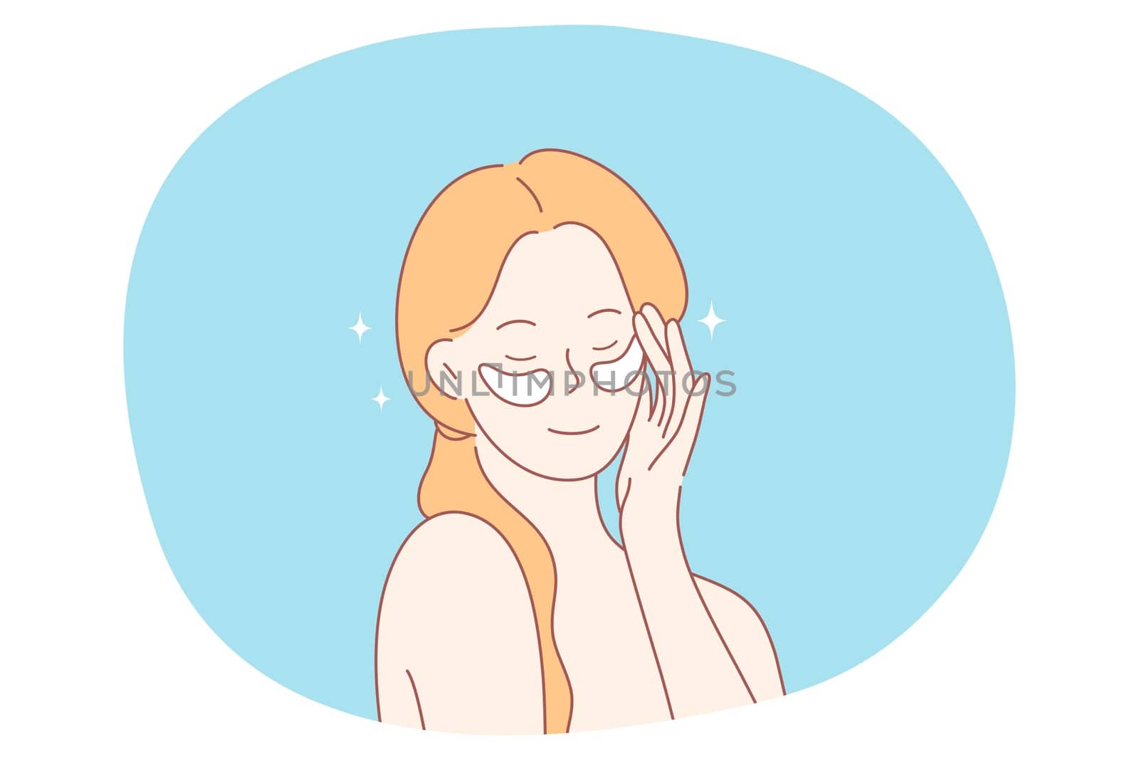 Beauty, cosmetics, home skincare concept. Young smiling woman cartoon character using eye patches in morning for looking good and fresh vector illustration. Dermatology, cosmetology