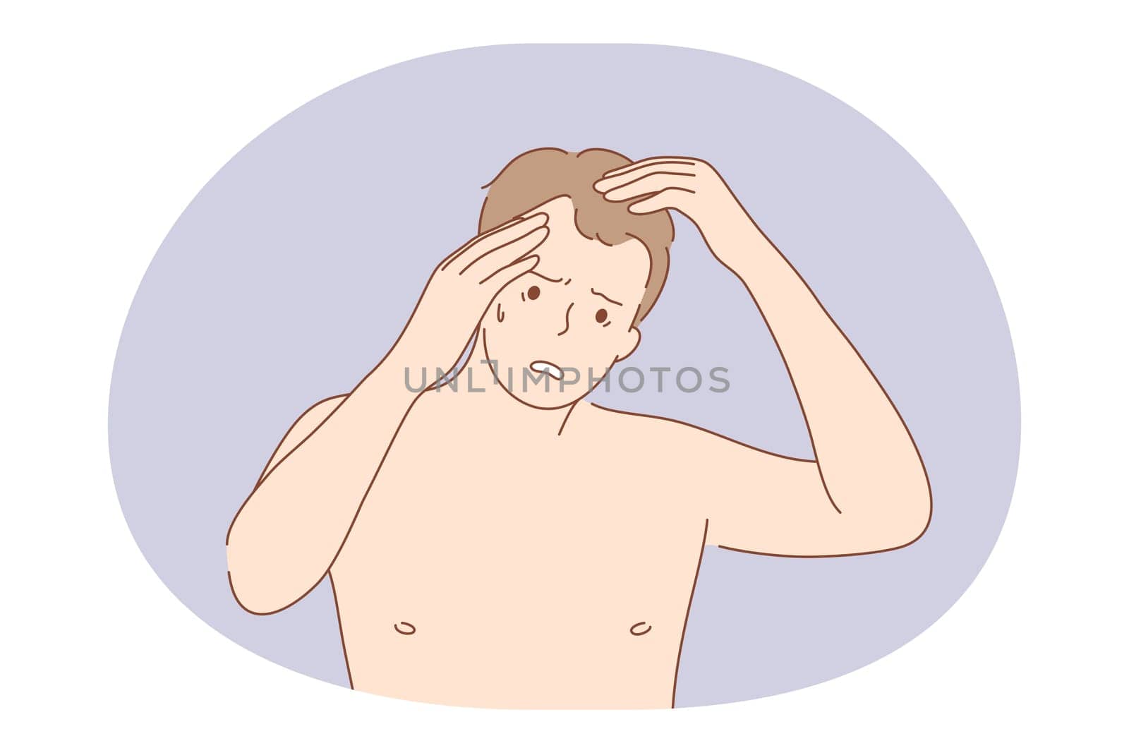 Suffering from pain in muscles, joints, losing hair concept. Young unhappy frustrated man cartoon character standing and touching head, feeling headache or suffering from losing hair