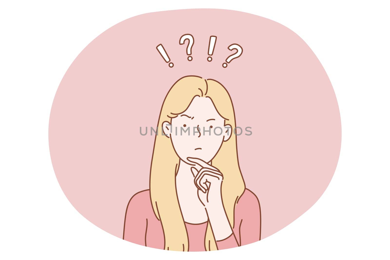 Frustration, doubt, having no idea concept. Young confused woman cartoon character standing and expressing frustration with difficult situation trying to find solution in head vector illustration