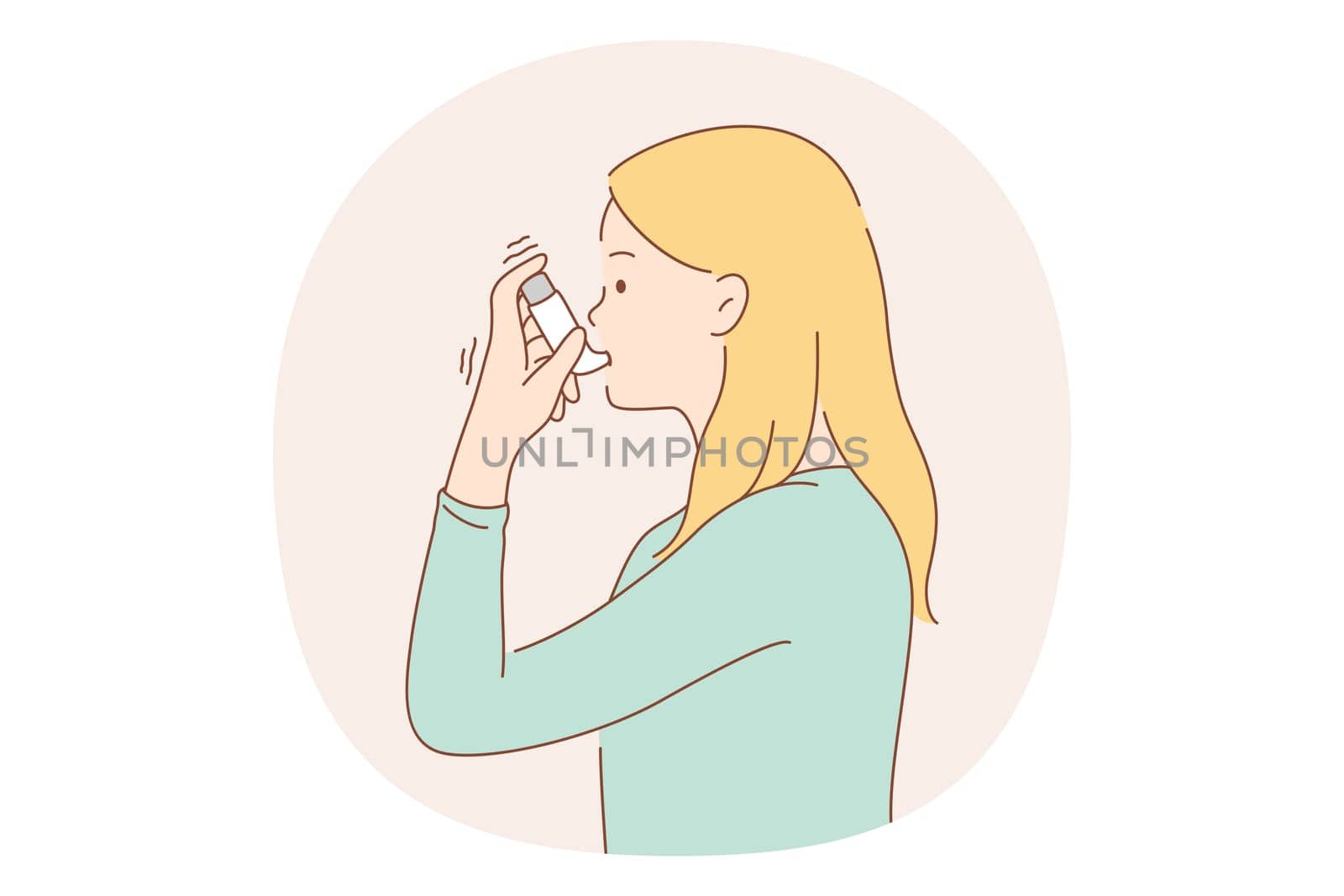 Asthma and inhaler concept. Young woman asthmatic using spray inhaler for preventing disease attacks and normal breathing. Respiratory, illness, drug. medicine. healthcare illustration
