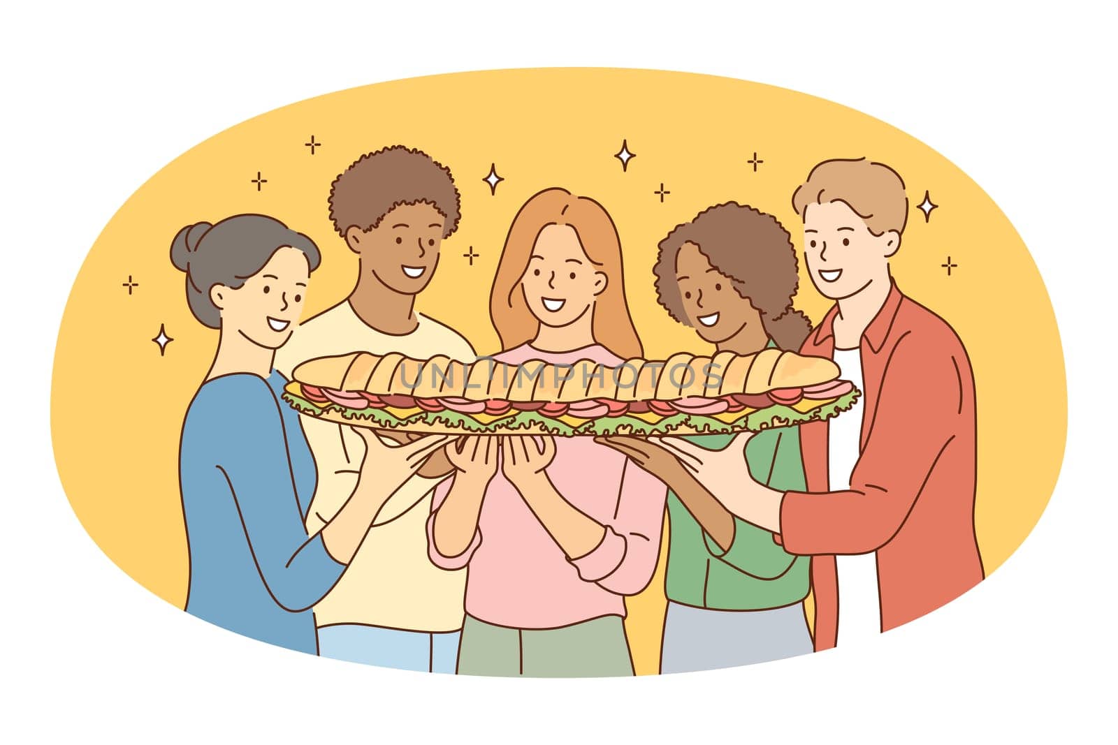 Sandwich, tasty food, friendship concept. Group of young smiling happy friends of different ethnicities standing holding huge baguette with filling sandwich in hands for company vector illustration