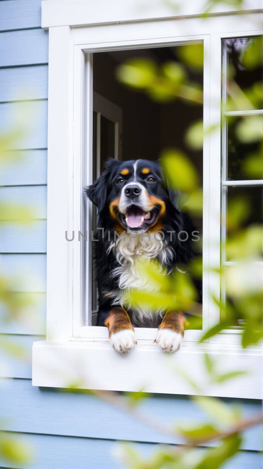 The dog wants to go for a walk. Scottish mountain dog looks out the window of the house. In the yard, there are fresh spring foliage on the trees. High quality photo