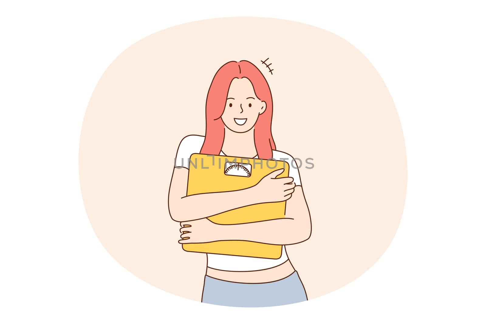 Healthy lifestyle, diet, weight loss concept. Young happy woman cartoon character standing holding weight scales in hands and feeling positive with slimming and getting perfect body shape