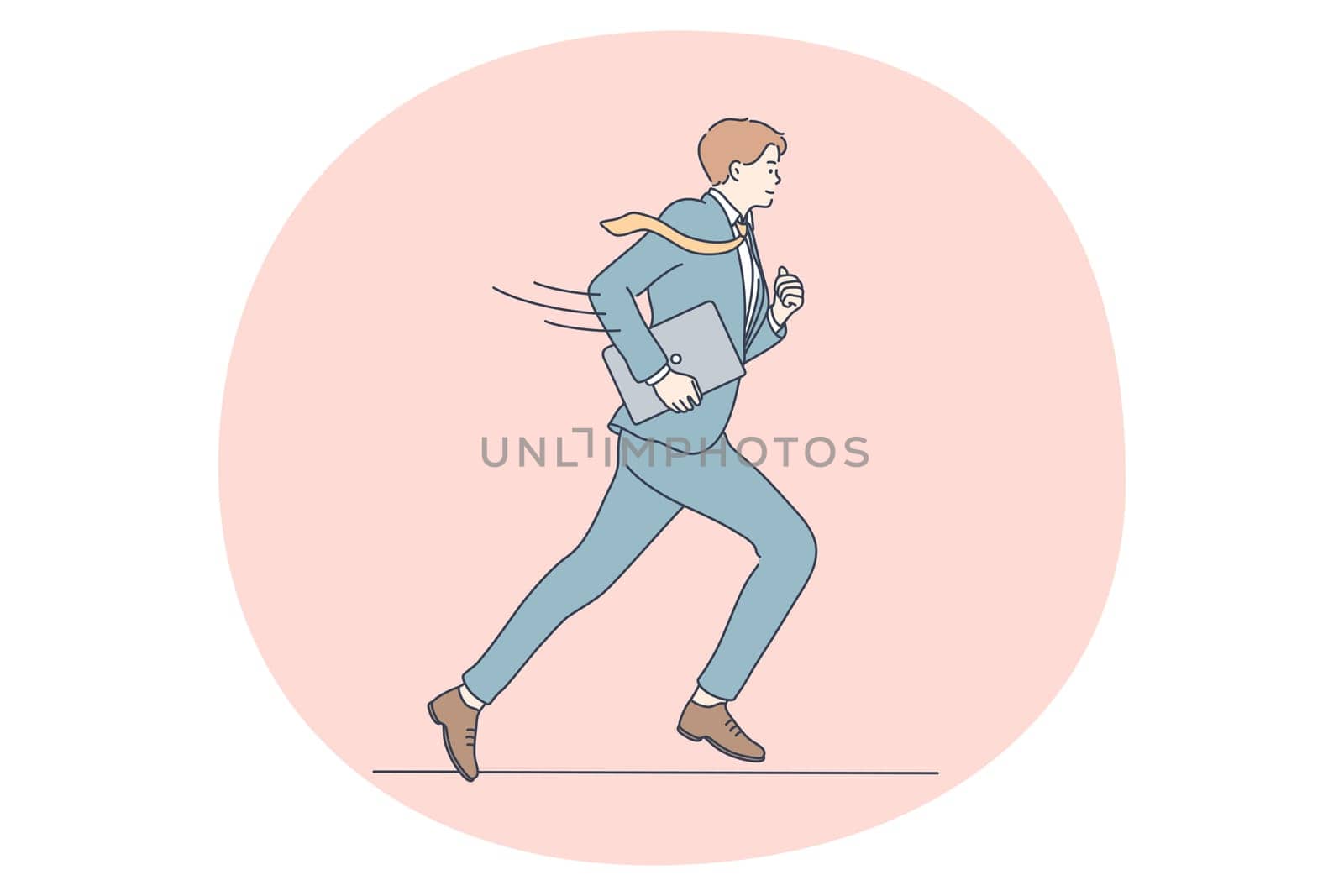 Deadline, time management, business development concept. Young businessman cartoon character in suit and tie running to meeting feeling late with laptop or briefcase in hands vector illustration