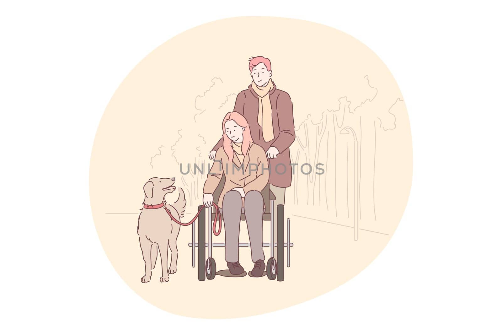 Disabled people on wheelchair living happy active lifestyle concept. Smiling young disabled woman cartoon character in wheelchair walking dog outdoors in park with loving boyfriend behind