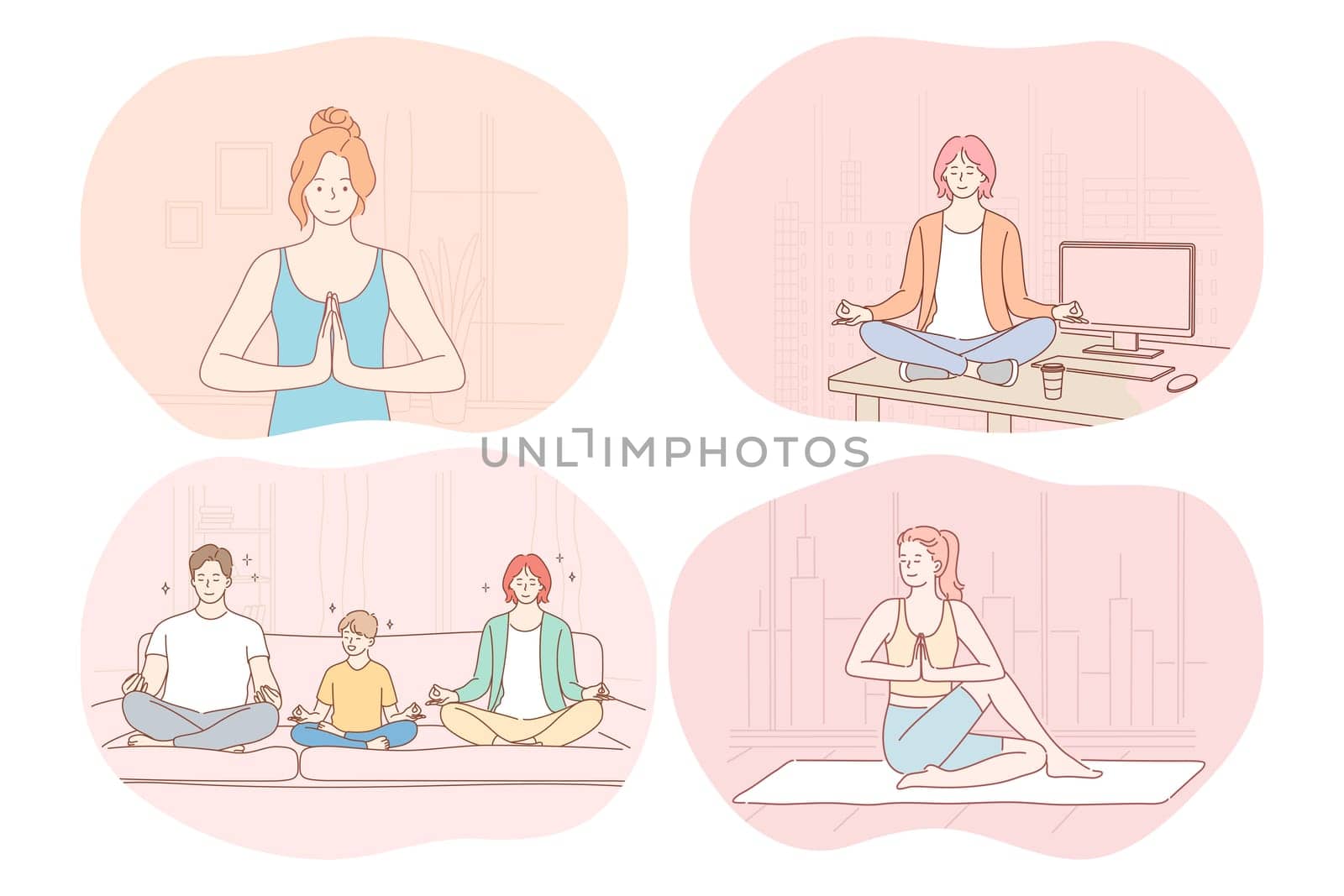 Yoga, relaxation, meditation, healthy active sport lifestyle concept. Young people families, men, women practicing yoga and meditating at home or in office during break. Fitness, relax, harmony, peace