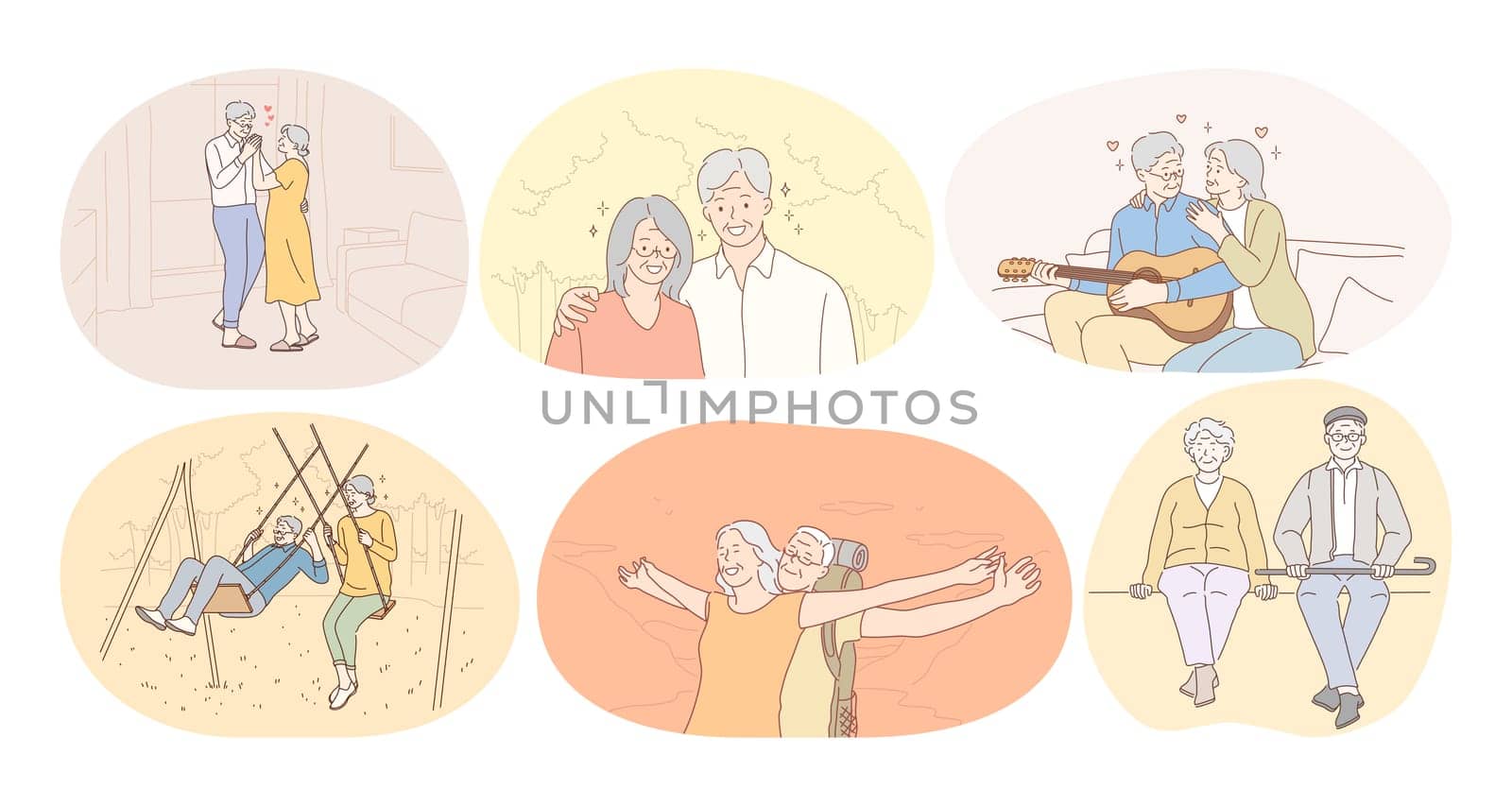 Senior elderly couple living happy active lifestyle concept. Mature aged couple pensioners loving, singing, having fun, playing, walking with dear people together. Retiree, pensioner happiness