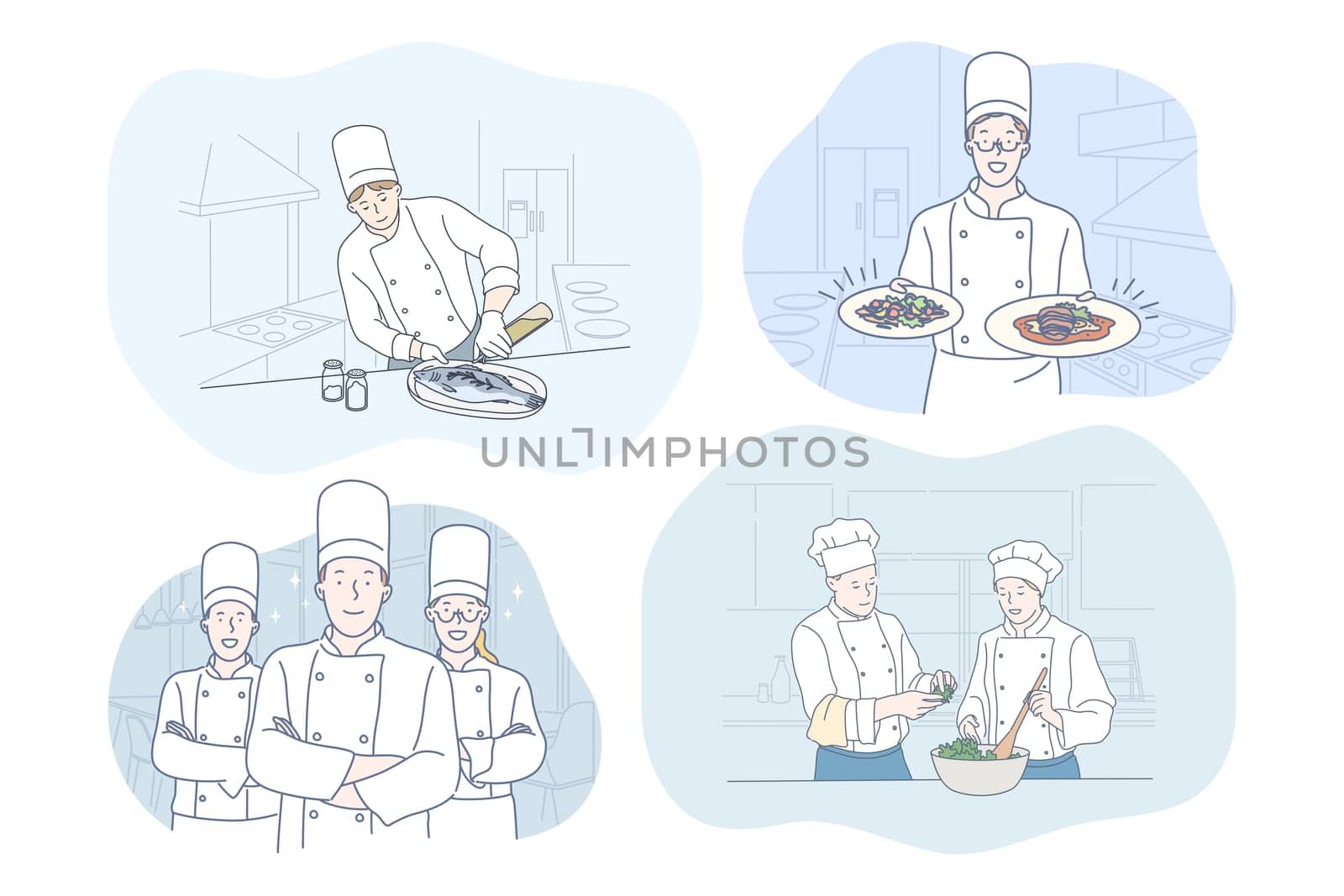 Cooking, chef, restaurant, recipe, food concept. Young positive people men and women professional cooks in aprons cooking various dishes and meals in restaurants. Gourmet, delicious, tasty menu