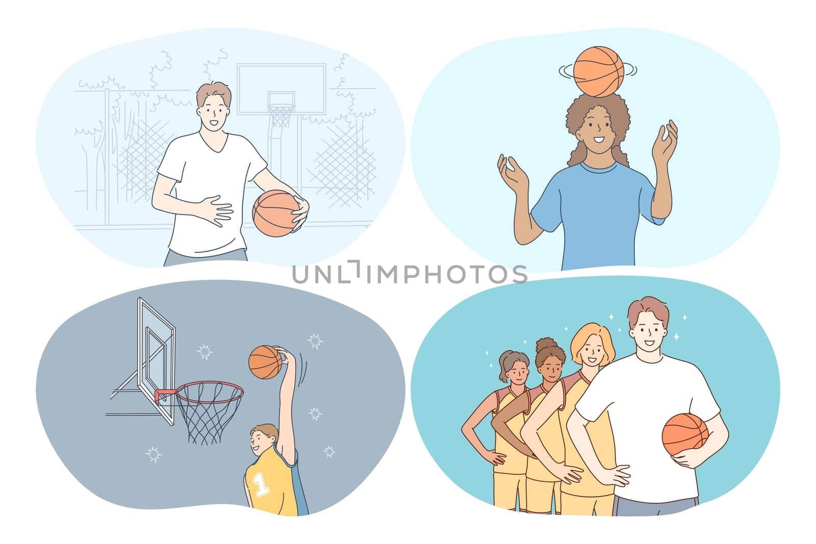 Basketball, sport, team competition concept. Young girls and boys basketball players training, jumping with slam dunk, training ball skills and competing in championships vector illustration