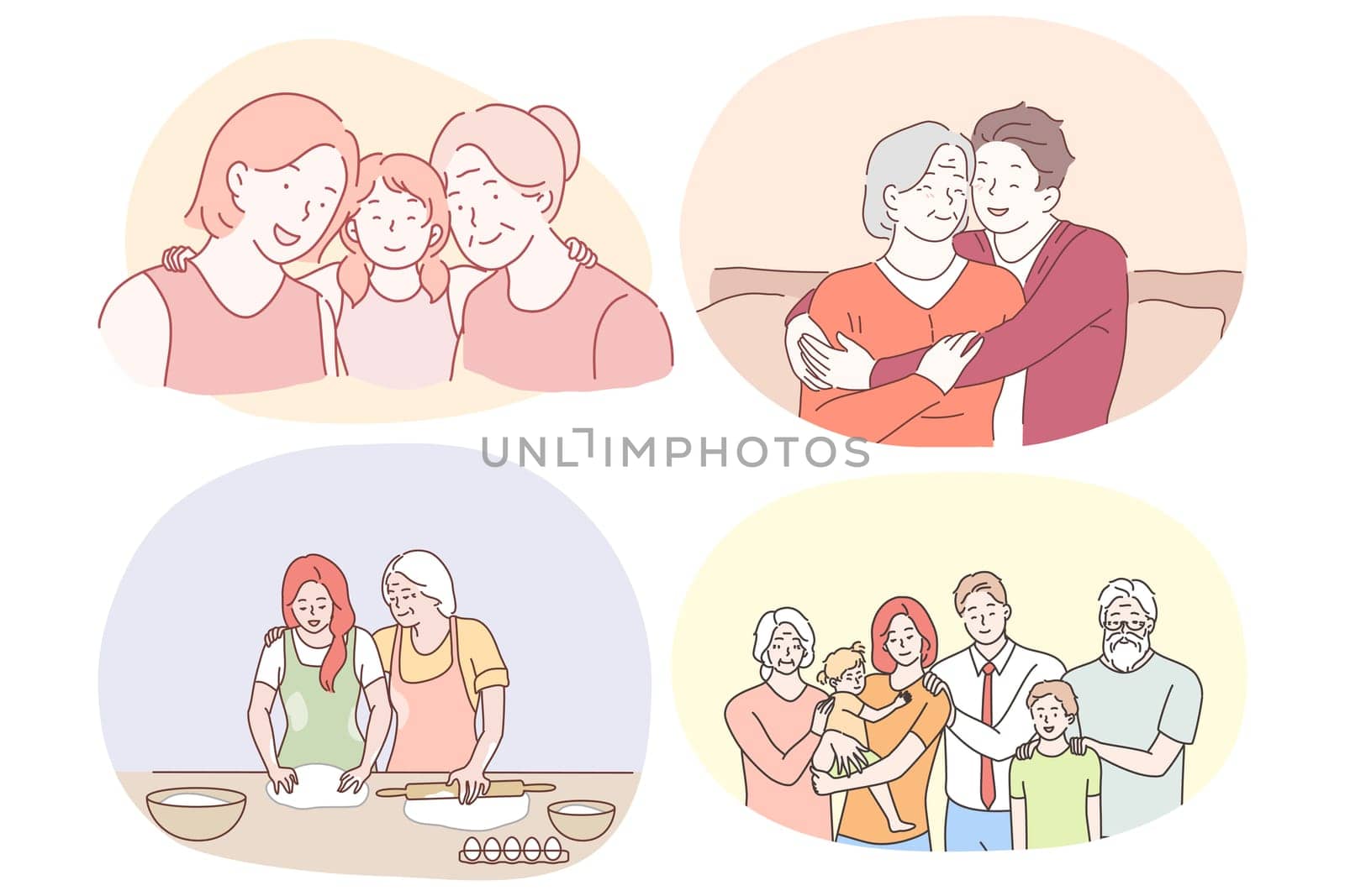 Grandmother and grandchild, happy family with grandparents concept. Happy smiling grandparents helping children in cooking, feeling love from relatives and making family photo together illustration