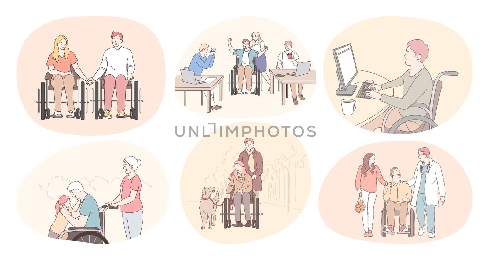 Disabled people on wheelchair living happy active lifestyle concept. Young disabled men and women on wheelchairs dating, meeting friends, working in office, walking pets, enjoying time with family